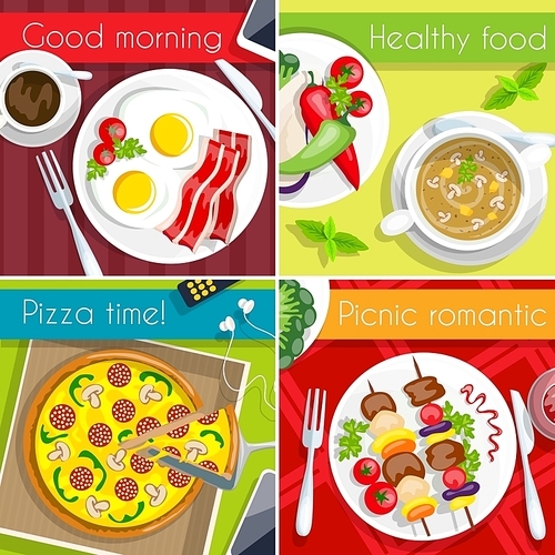 Food icon set four type of meal breakfast healthy pizza time picnic vector illustration