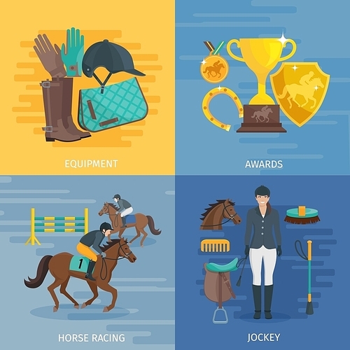 Flat color design composition 2x2 depicting concept of horse racing equipment equestrian awards jockey vector illustration