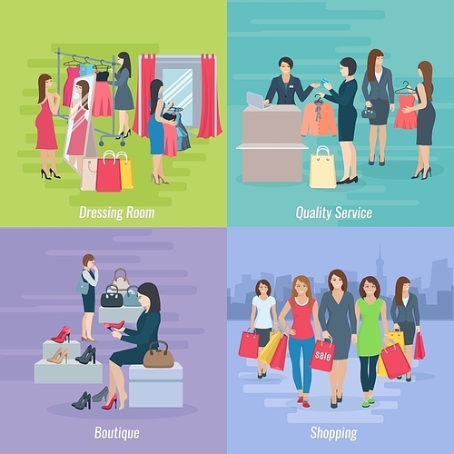 Flat composition 2x2 depicting woman shopping in boutique or mall vector illustration