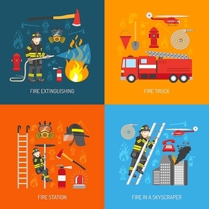 Firefighters work concept 4 flat icons square composition banner with fire station equipment abstract isolated vector illustration