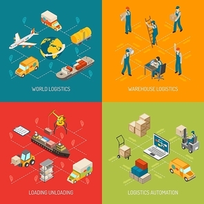 Logistic concept 4 isometric icons square composition poster with worldwide transportation and storage abstract isolated vector illustration