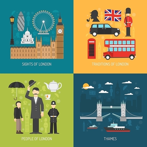 London city symbols landmarks and traditions for travelers 4 flat icons composition banner abstract isolated vector illustration