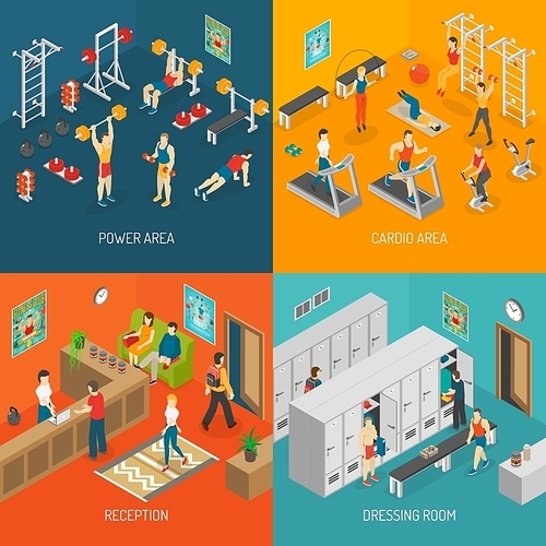 Fitness Isometric Set. Fitness Vector Illustration. Fitness Isolated Elements. Fitness Icons Set. Fitness Concept Collection.