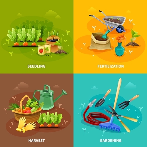 Gardening 2x2 design concept set of seedling and harvest compositions with farm tools for formation of garden beds fertilization and watering vector illustration