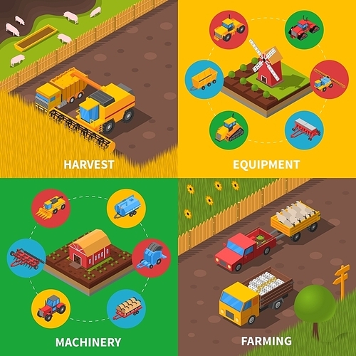Agricultural machinery 4 isometric icons square composition poster with tractor combiner harvesting farmers equipment abstract vector illustration