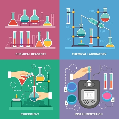 Chemical laboratory concept with instrumentation glassware burners and fluids measurement experiments reactions with acids isolated vector illustration