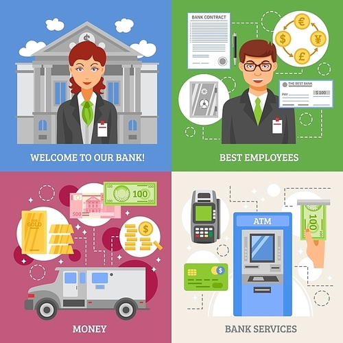 Bank services 2x2 design concept with  terminal for plastic card armored truck for money transportation and employees flat vector illustration