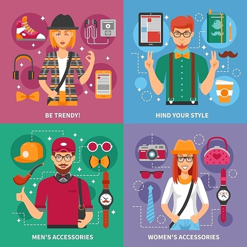 Stylish people concept with avatar of trendy persons and modern or vintage accessories isolated vector illustration