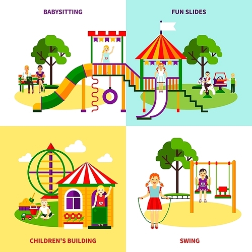 Color flat composition 2x2 design concept of outside playground with swing babysitting childrens bilding fun slides vector illustration
