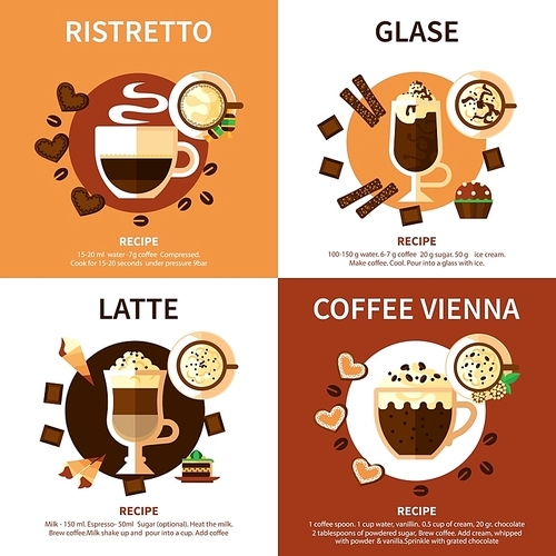 Coffee 2x2 design concept set of different  types of coffee drinks with names ingredients and recipes flat vector illustration