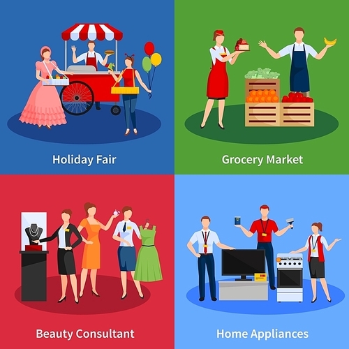 Icons set with vendors providing services for selling clothes fruit vegetables home appliances and holiday fair vector illustration
