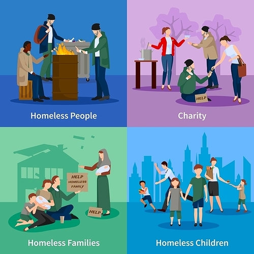 Homeless icons set with people warm themselves around the fire, begging, receiving donations and homeless children and families vector illustration