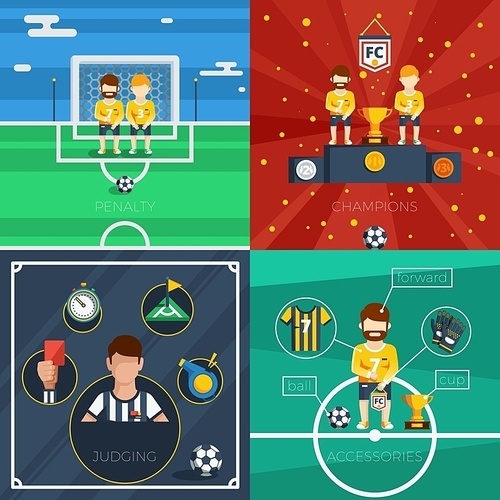 Soccer flat icons composition with game accessories players and judge equipment vector illustration