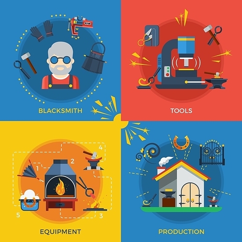 Blacksmith 2x2 design concept set of tools for welding and molding smithy equipment and production flat vector illustration