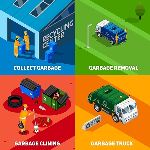 Isometric 2x2  design concept set of collect and removal garbage with trucks and recycling center icons vector illustration