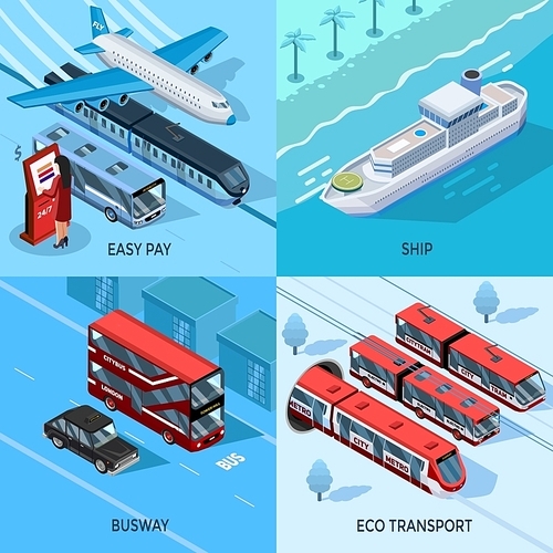 Passenger and public transport isometric 2x2 design concept set of city intercity water and eco transportation vector illustration