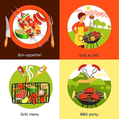 Summer bbq grill outdoor party appetizing menu 4 flat icons square composition banner abstract isolated vector illustration