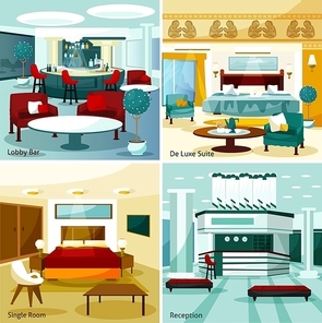 Colorful modern hotel interior lobby bar de luxe suite single room and reception 2x2 design concept cartoon vector illustration
