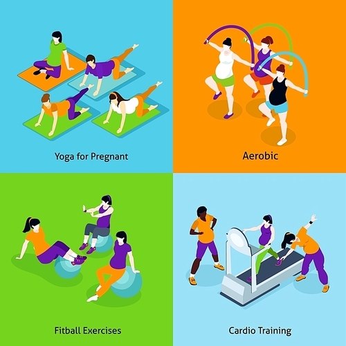 Pregnant Woman Fitness Concept. Pregnant Woman Fitness Vector Illustration. Pregnancy And Fitness Isometric Icons Set. Pregnant Woman Fitness Design Set. Pregnant Woman Fitness Isolated Elements.