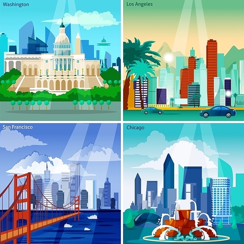 American Cityscapes Concept. USA And Sights Vector Illustration. US Cities Flat Icons Set. American Cities Design Set. US Cityscapes Isolated Elements.