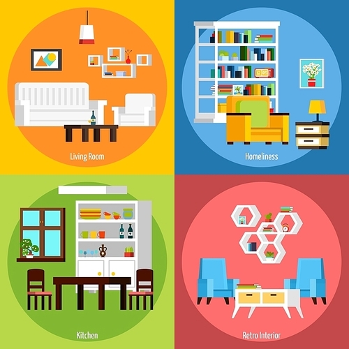 Interior of different rooms presenting living room homeliness kitchen and retro interior orthogonal 2x2 compositions vector illustration