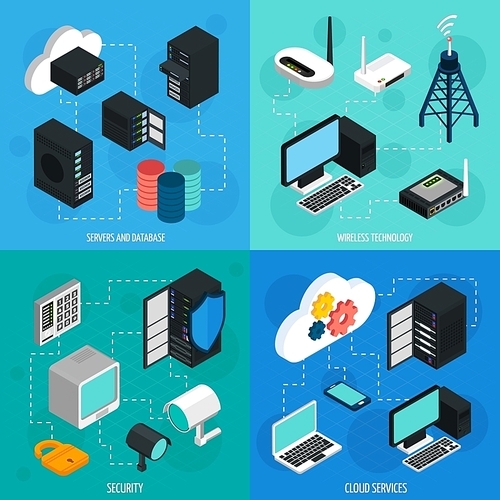 Data center 2x2 isometric icons set with database cloud services security and wireless technology isolated isometric vector illustration