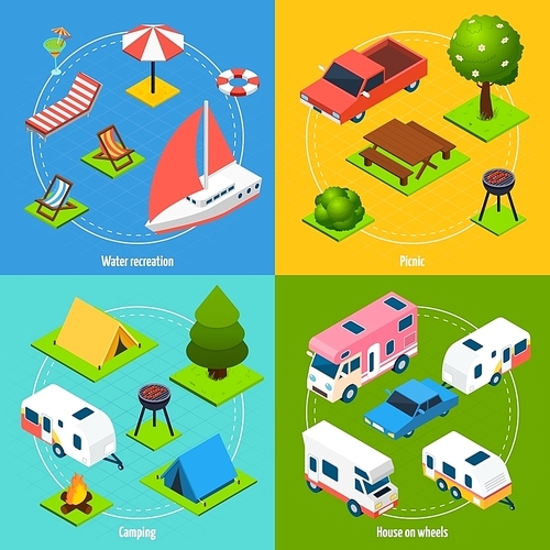 Colorful camping and travel isometric 2x2 icons set with house on wheels elements for water recreation and picnic isolated vector illustration