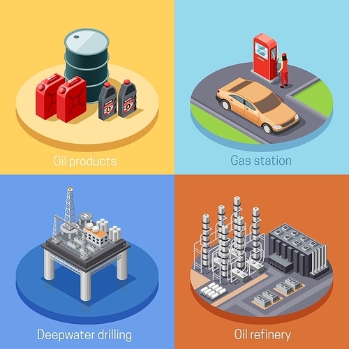 Oil industry isometric 4 icons square poster with refinery plant and gas station abstract isolated vector illustration