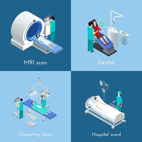 Medical equipment 4 isometric icons square composition with mri scan and hospital operation table abstract isolated vector illustration