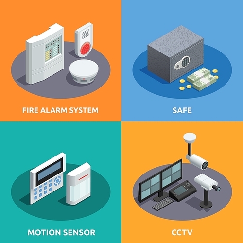 Home security 4 isometric icons square with motion sensor fire alarm system and cctv abstract isolated vector illustration