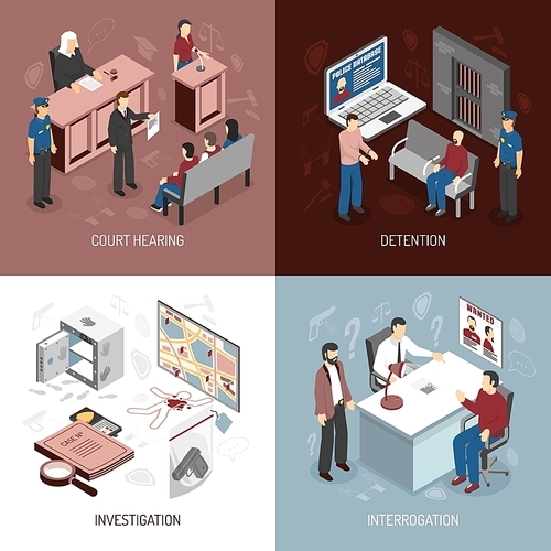 Law system isometric concept with arrest of criminals court hearing investigation interrogation isolated vector illustration