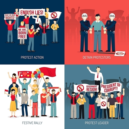People at demonstration concept with protest action festive rally leader of social movement arrest isolated vector illustration