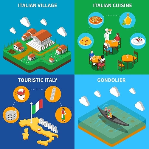 Italian top touristic attractions 4 isometric icons square poster with countryside food and gondolier abstract isolated vector illustration