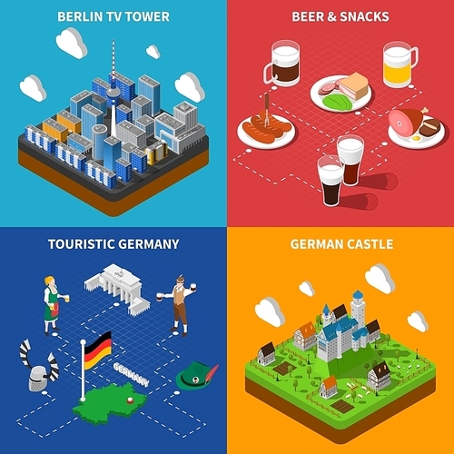 German culture for tourists 4 isometric icons banner with beer snacks and castle abstract isolated vector illustration