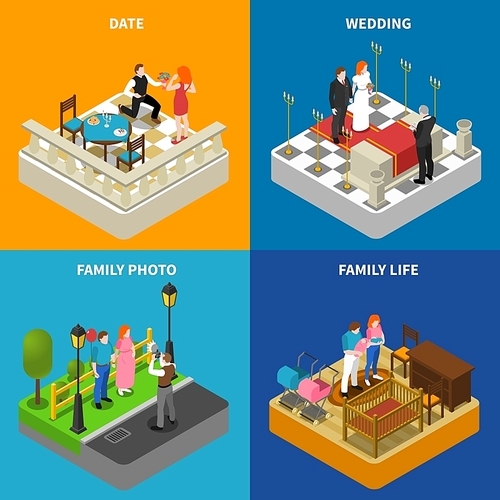 Family photos 4 isometric icons square composition poster with  ceremony and engagement abstract isolated vector illustration