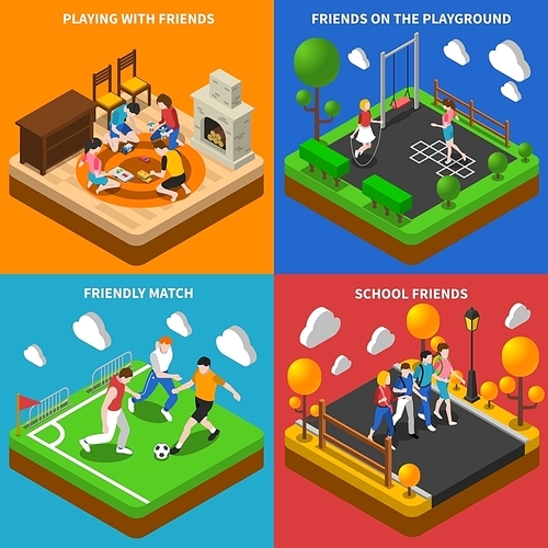 School friends playing at home and on playground 4 isometric icon square poster abstract isolated vector illustration