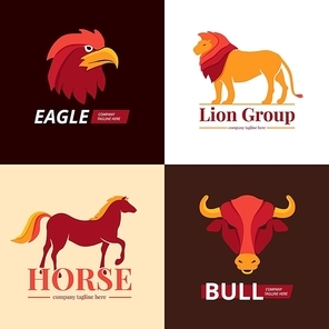 Lion eagle horse and bull animals logo design concept 4 flat icons square composition abstractisolated vector illustration