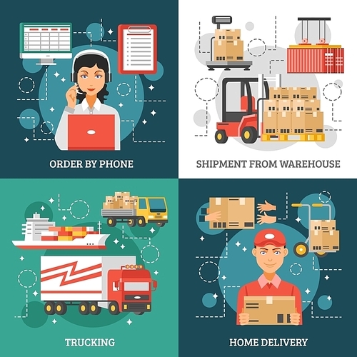 Logistics delivery design concept on four icon set and titles order by phone shipment from warehouse trucking and home delivery vector illustration