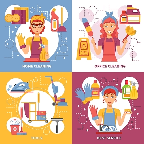 Four square cleaning service icon set on several topics such as home cleaning office cleaning tools and best service vector illustration