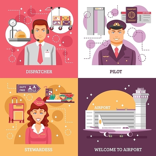 Airport design concept four square icons with descriptions of dispatcher pilot stewardess work vector illustration