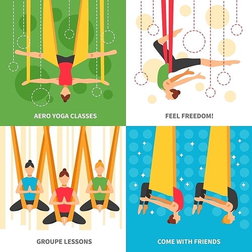 Aero yoga design concept four square icon set with themes aero yoga classes feel freedom group lessons and come with friends vector illustration