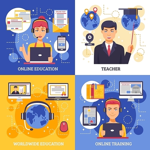 Online education training design concept four square icon set with descriptions of online education teacher worldwide education and online training vector illustration