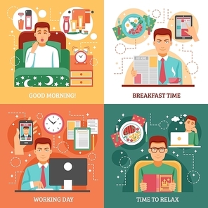 Man daily routine design concept four icon set that describe how a person spends his day vector illustration