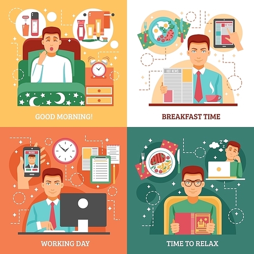 Man daily routine design concept four icon set that describe how a person spends his day vector illustration