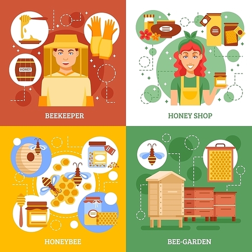 Four beekeeping design icon set with descriptions of beekeepers work honey shop honey bee and bee-garden vector illustration