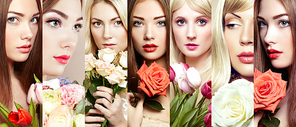 Beauty collage. Faces of women. Beautiful women with flowers. Fashion photo