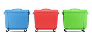 three color garbage containers isolated on white. 3d illustration