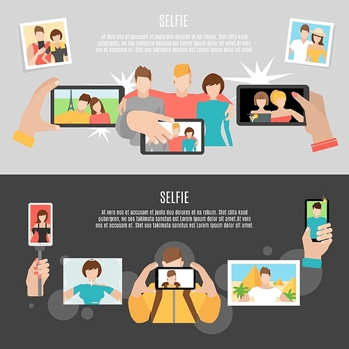 Selfie  pics taking with friends and family 2 horizontal flat banners set poster abstract isolated vector illustration