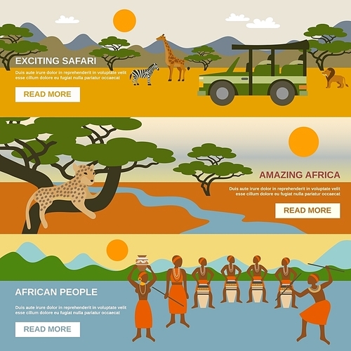 Africa horizontal banners set with african people symbols flat isolated vector illustration