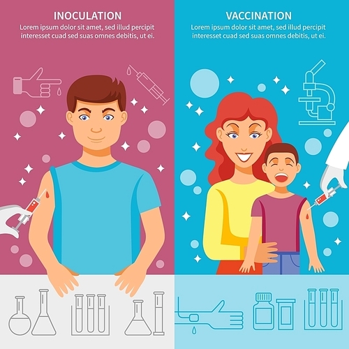 Medical vertical banner set with child and adult vaccination elements for prevention infection diseases isolated vector illustration